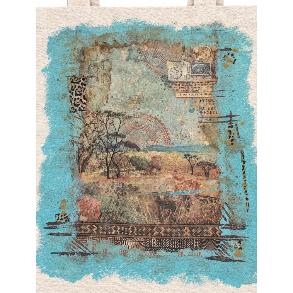 Decoupage Canvas Tote Bag African Savanna Wildlife Elephant Giraffe Boho Art